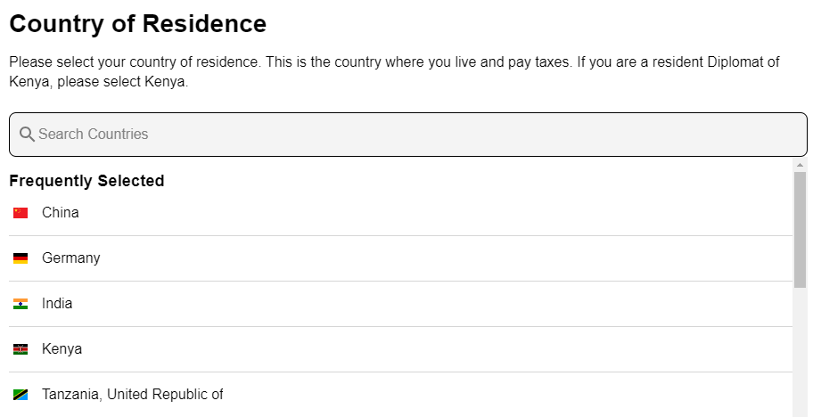 Country of residence for Kenya electronic travel authorization application